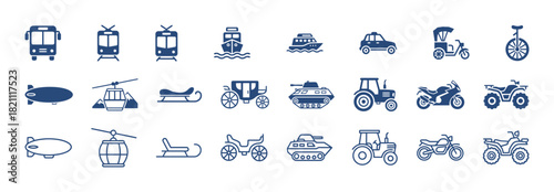 Extensive collection of twenty-one solid navy blue vector icons representing a wide variety of transportation methods and vehicles, from public transit and cars to military tanks and quads.