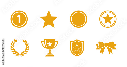Set of eight solid golden vector icons representing various awards, achievements, recognition, and winning concepts, including stars, trophies, ribbons, and a laurel wreath.