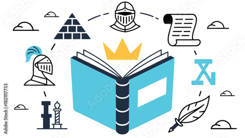 An open book with royal blue covers featuring a clean modern vector illustration for educational or literary themes