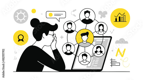 Modern abstract graphic illustration of a person contemplating a bright idea or solution