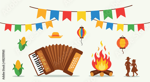 Festive Festa Junina Celebration with Accordion, Bonfire, Lanterns, Bunting, and Corn Illustration, Traditional Brazilian June Festival Design with Dancing Couple.