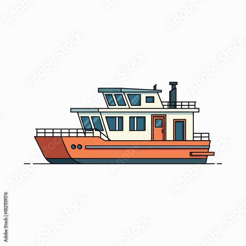 A Modern Orange and White Tugboat with Multiple Windows and a Tall Stack