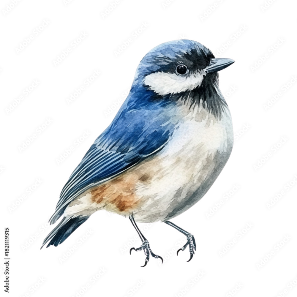 Obraz premium Watercolor illustration of a small blue and white bird