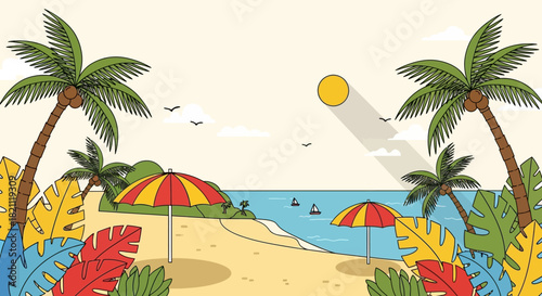 Idyllic tropical beach illustration featuring palm trees, vibrant foliage, colorful umbrellas, and serene ocean waves under a bright summer sky