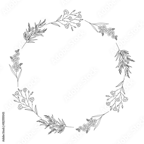 Botanical wreath of floral branches with leaves and flowers. Round frame of twigs, black contour, isolated on white. Sketch garland for wedding decoration and design projects. Vector illustration