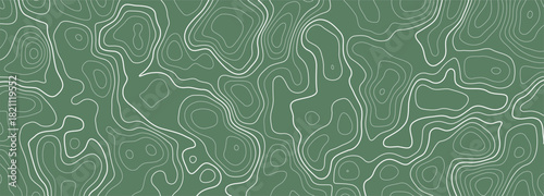Contour topographic map green background. Topography and geography map grid abstract backdrop. Editable stroke. Linear graphics. Topographic relief. Subtle white background. Vintage outdoors style