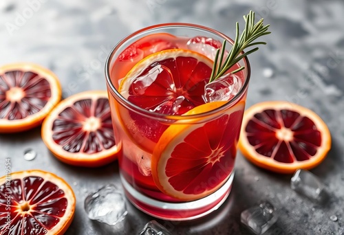 Blood orange slices in a cocktail glass with ice and a sprig of rosemary,   tart,   elegant