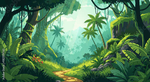 Pixelated Jungle Pathway Bathed in Sunlight, Vibrant Greenery and Exotic Flora