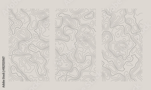 Set of vertical topographic map patterns isolated on white background. Line contour geographic abstract grid. Editable stroke. Topographic relief. Subtle white vector background. Map with elevation