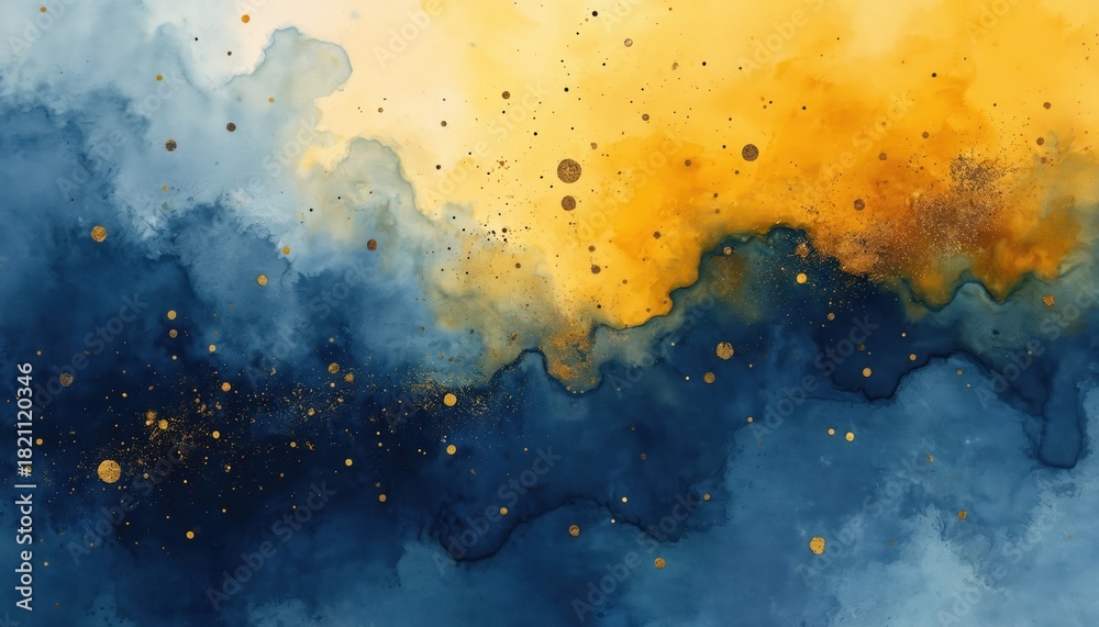 Fototapeta premium Abstract watercolor texture with navy blue, mustard yellow swirls. Gold dust particles float across blended paint washes creating dynamic fluid background. Soft gradients form ethereal cloudy shapes.