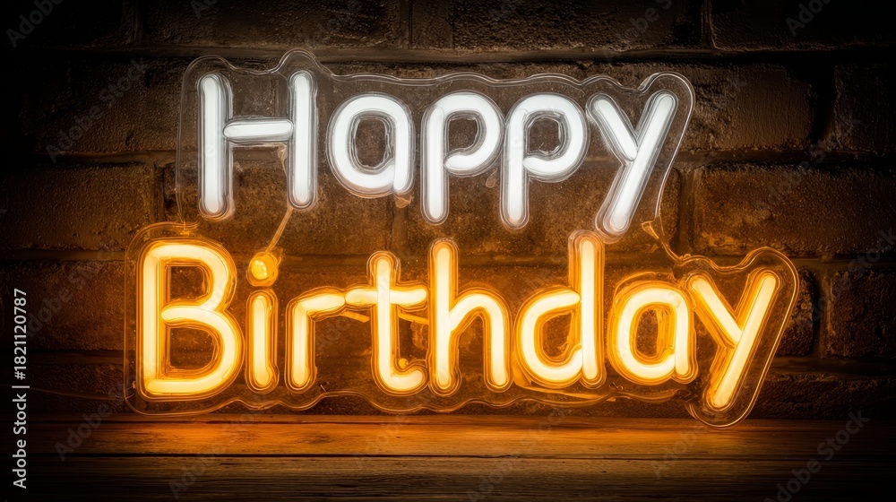 Obraz premium Happy Birthday Neon Sign on Brick Wall