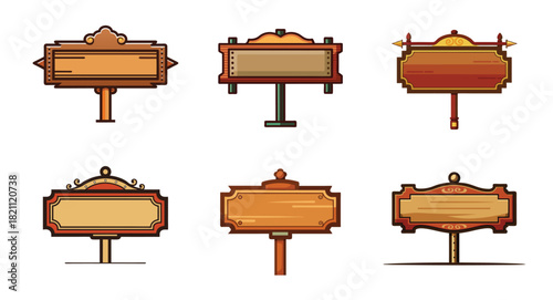 Collection of Six Cartoon Wooden Signs for Outdoor Advertising or Messages