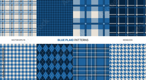 Seamless vector patterns bundle of dark blue plaid textures including tartan, argyle, gingham, houndstooth, checkered fabric styles clothing, textiles, fashion design backgrounds, wrapping, decoration