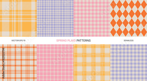 Seamless vector patterns with spring plaid textures in pastel pink yellow orange and purple colors including gingham tartan argyle houndstooth check retro textile design for fabric wallpaper wrapping