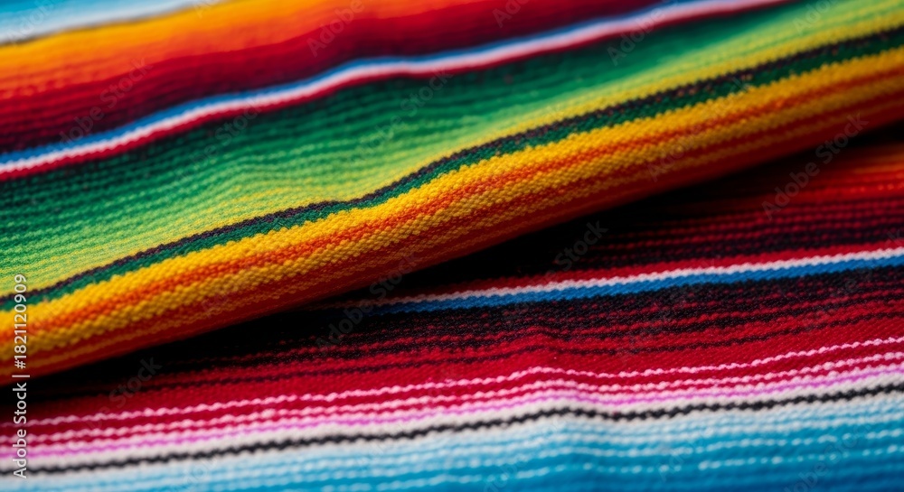 Obraz premium Red, yellow, green, and blue striped fabric close up. Colorful traditional mexican serape blanket texture. Vibrant textile background.