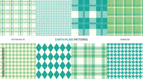 Earth seamless vector plaid pattern collection with teal mint green blue houndstooth gingham tartan and argyle backgrounds perfect for textiles wrapping design digital print and fashion crafts