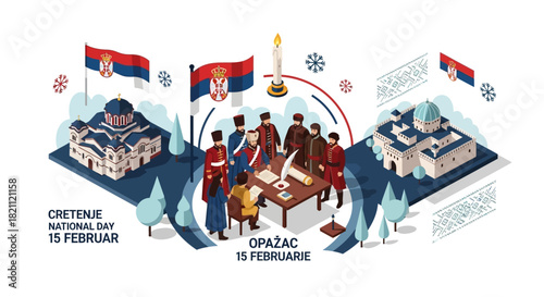 Celebration of Serbia's National Day on February 15th with Serbian Flags and Historical Architecture