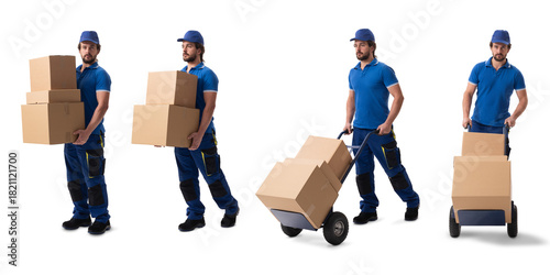 Delivery Courier Photo Set in Multiple Poses with Hand Cart of Parcels on White Background