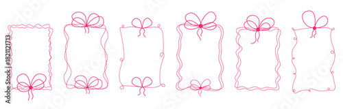 Hand drawn whimsical frames with bows set. Simple flirty borders with tied ribbons. Vintage frames for Valentines Day, weddings or birthdays. Vector graphics