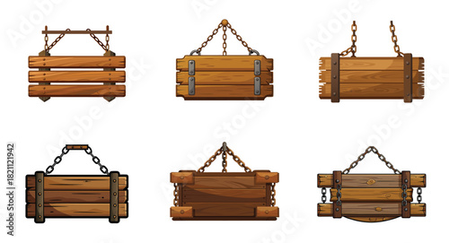 Set of six vintage wooden signboards hanging from chains and rustic style