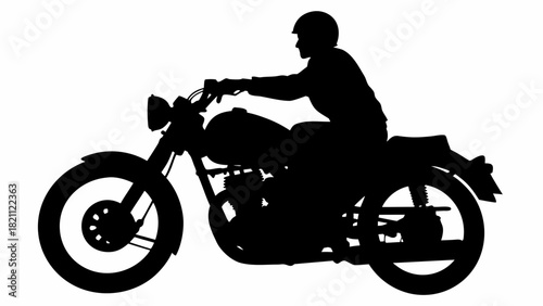 Dynamic silhouette of a motorcyclist speeding down the road, perfect for edgy designs and themes of freedom, travel, and vintage style appeal to adventure seekers