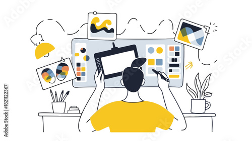 Clean and versatile vector graphic design featuring a creative workspace with colorful elements and organized layout