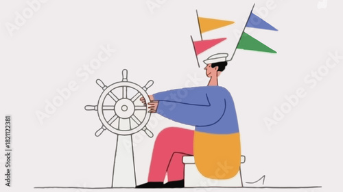 A skilled sailor confidently steers a large ship s wheel embodying maritime adventure and nautical leadership with a classic professional aesthetic