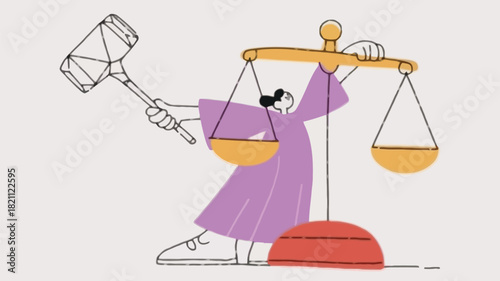A stylized illustration of a judge with a body shaped like a balance scale representing justice and legal fairness rendered in vibrant cmyk colors