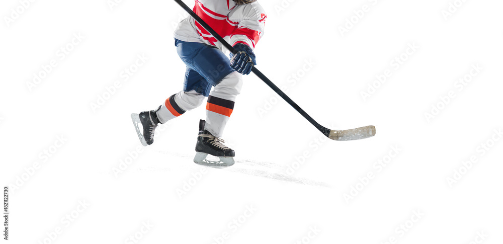 Obraz premium Ice hockey rink arena with professional player shooting the puck with hockey stick, isolated on free png background.