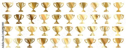 Gold gradient winner award, trophy cups. Trophy cup in flat style. Champion golden cups for winner. Trophies for sports or competition. Rewards and prizes vector. Sports trophy logo, emblem, badge.
