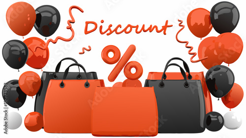 Black and orange shopping bags with balloons and discount sign on a white background for promotion