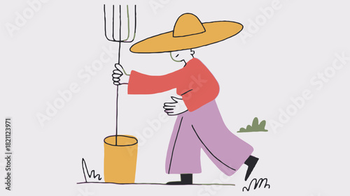 A stylized illustration of a farmer wearing a wide brimmed hat depicted with a vibrant color palette suitable for agricultural or rural themes