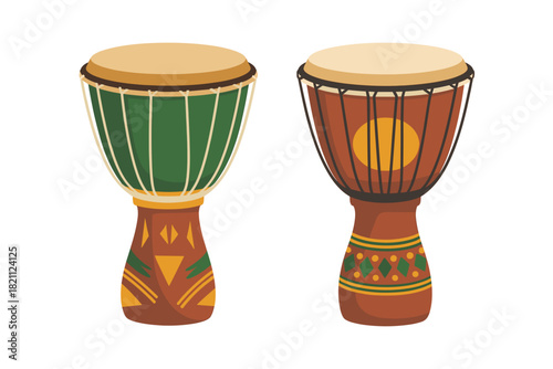Colorful Djembe Drums Illustration: Traditional African Percussion Instruments for Music, Culture, and Rhythm-Themed Designs, Available on Transparent Background