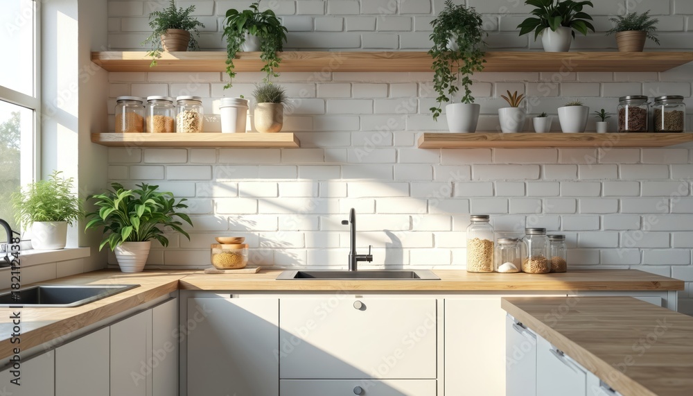 Naklejka premium Clean modern kitchen with white brick walls and light wood open shelving. Potted green plants add life above food storage jars and countertops. A stainless steel sink and faucet are central.