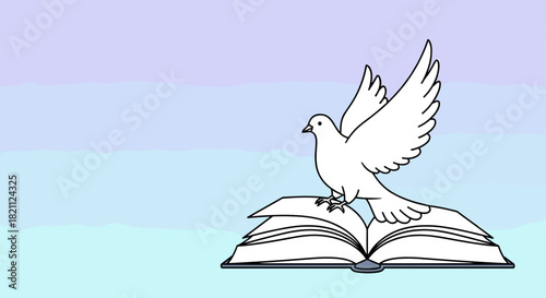 Illustration of an open book with black outline and a white dove rising from its pages on a soft pastel background with copy space