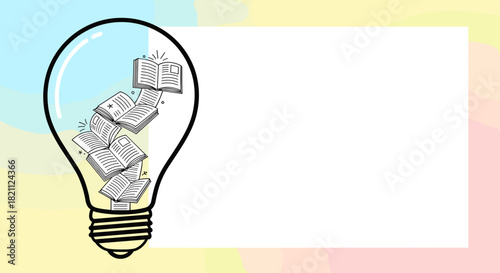 Illustration of a large lightbulb with book pages inside instead of filament on a soft pastel background with copy space
