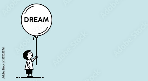 Illustration of a child holding a big balloon with the word "DREAM" floating against soft sky-blue background with copy space
