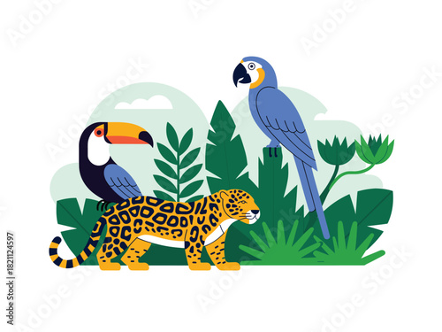Colorful Illustration of Amazon Rainforest Animals: Toucan, Jaguar, and Blue Macaw in Stylized Tropical Setting with Green Foliage