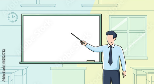 Illustration of a teacher character in simple outline style pointing at a large blank board in a classroom setting with copy space