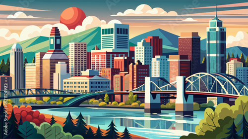 Very beautiful view of downtown Portland, Oregon, featuring modern high-rises and the iconic Broadway Bridge spanning the Willamette River under clear daylight.