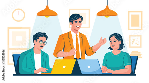 Team Collaboration Illustration: Three Colleagues Working Together on Laptops in a Modern Office Environment, Brainstorming Ideas, and Discussing Project Strategies