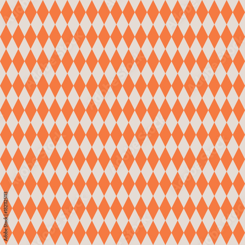 Bright orange and white harlequin diamond seamless background, bold geometric retro pattern, traditional checkered textile design, abstract wallpaper, graphic tiling for packaging, surface