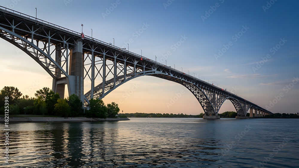 Fototapeta premium Steel Arched Blue Water Bridge at Sunset Horizon Photo