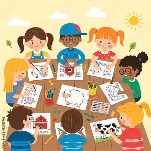 Diverse children drawing and coloring farm animals and barn illustrations at a table, fostering creativity and learning
