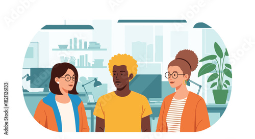 Diverse Professionals Collaborating in Modern Office Environment: Teamwork, Communication, and Diversity in the Workplace, Featuring Three Individuals in a Modern Workspace