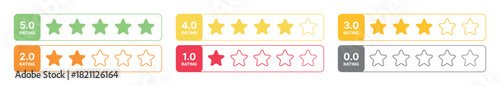 Collection of vector review bars with star ratings from 0.0 to 5.0, colorful rectangular UI elements for customer feedback, satisfaction evaluation, rating scale template on transparent background