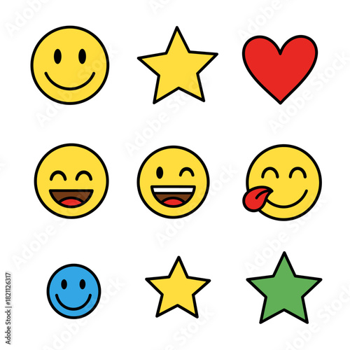 Set of diverse emoji faces, stars, and heart icons. Vector graphic elements for feedback, social media, and UI/UX design.