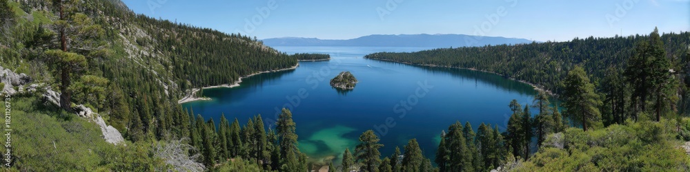 Fototapeta premium Scenic view of lake tahoe with emerald bay surrounded by pine forests