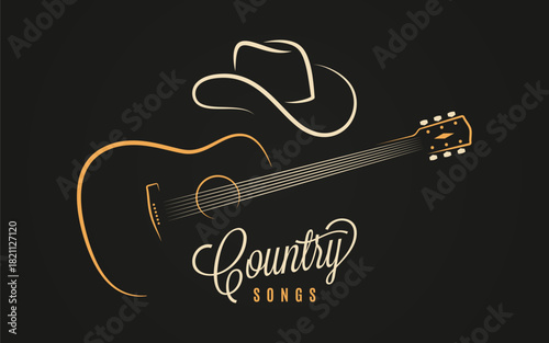 Country Music Poster With Cowboy Hat And Acoustic Guitar Outline On Black Background, Elegant Minimal Line Art Design For Music Festival Or Logo