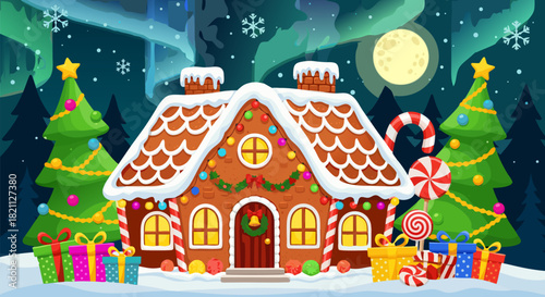 Festive Gingerbread House with Christmas Presents Under Northern Lights